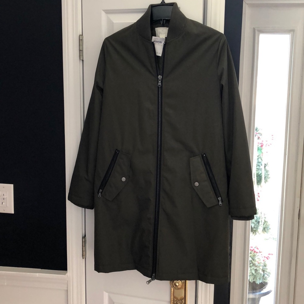 New w/tag, Caslon olive green long bomber jacket.